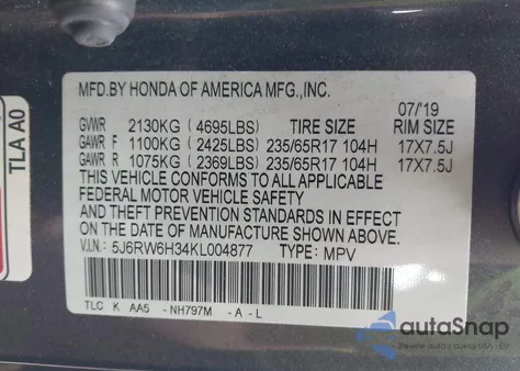 2019 Honda Cr-V Lx из США, поврежденный, VIN 5J6RW6H34KL004877